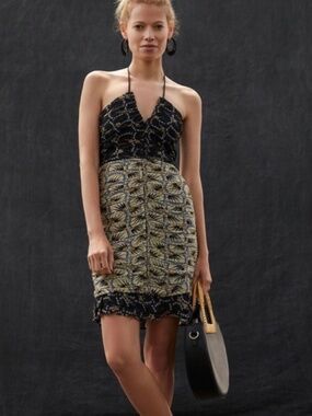 Boho Ruched Halter Mini Dress Geometric Print Ruffle Hem XS Conditions Apply
